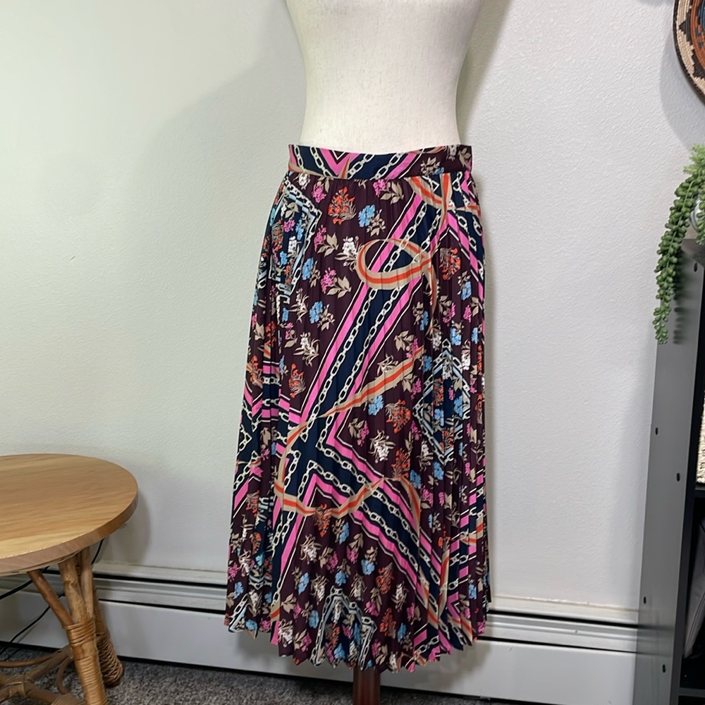 Anne Taylor Floral Scarf Print Pleated Midi Skirt Pink Wine Navy Size 12